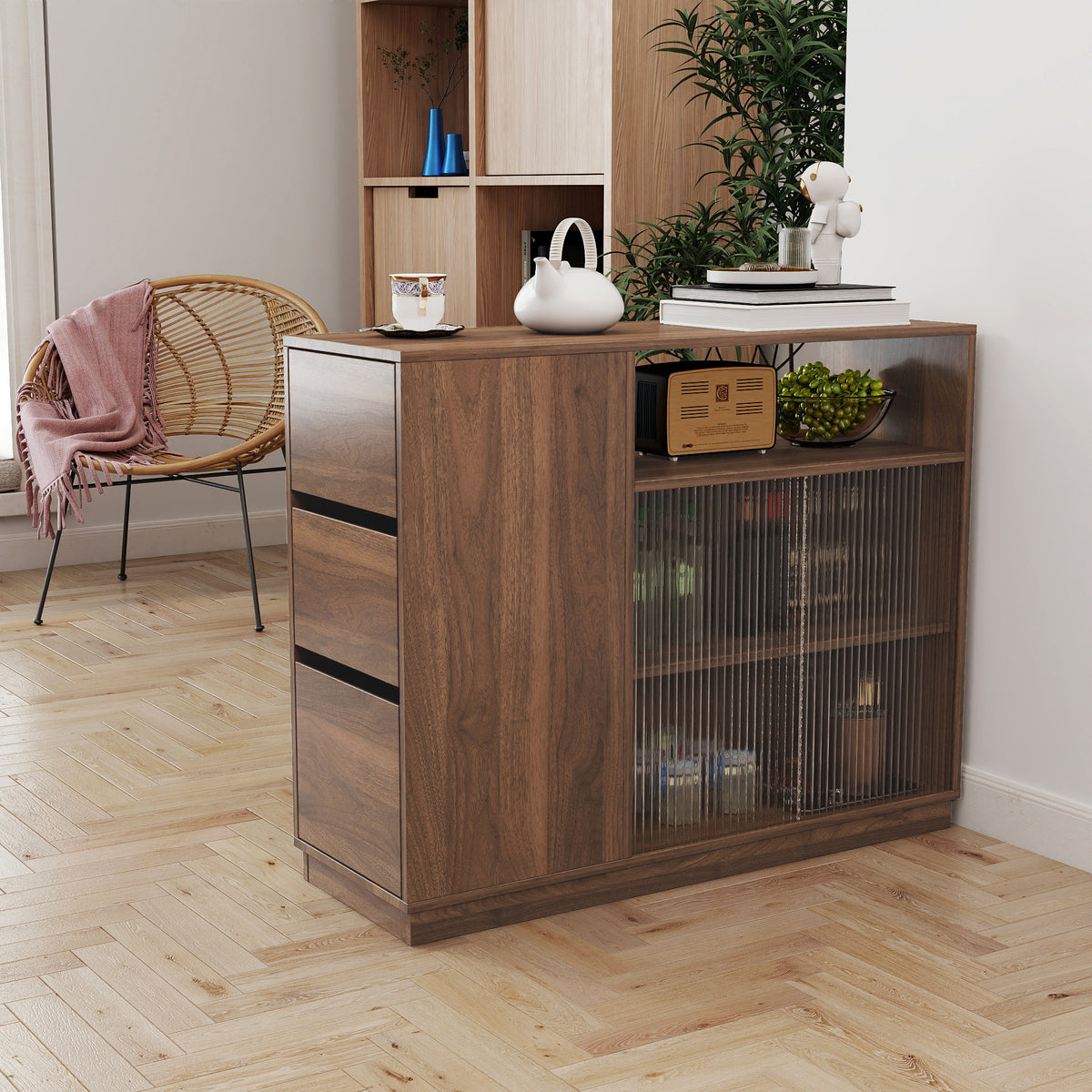 Anthony & Home Atelier glass sliding door kitchen sideboard with sleek design and spacious storage for modern interiors.