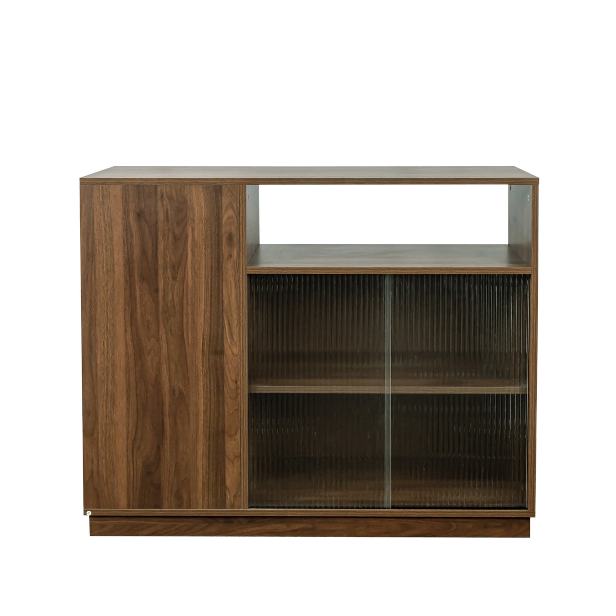 Anthony & Home Atelier glass sliding door kitchen sideboard with sleek glass panels and modern wooden design.