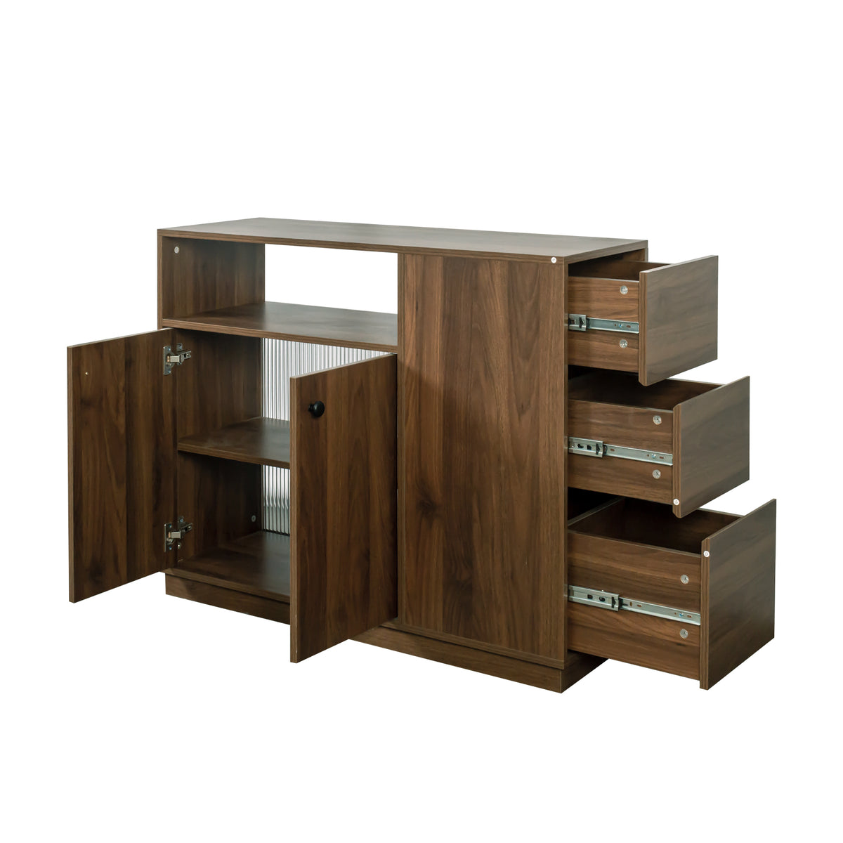 Anthony & Home Atelier glass sliding door kitchen sideboard with sleek glass panels and modern design.