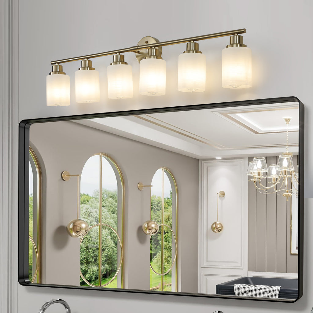 Anthony & Home Atelier Gold Finish Six-Light Vanity Wall Sconce with modern gold and black design, featuring six adjustable lights.
