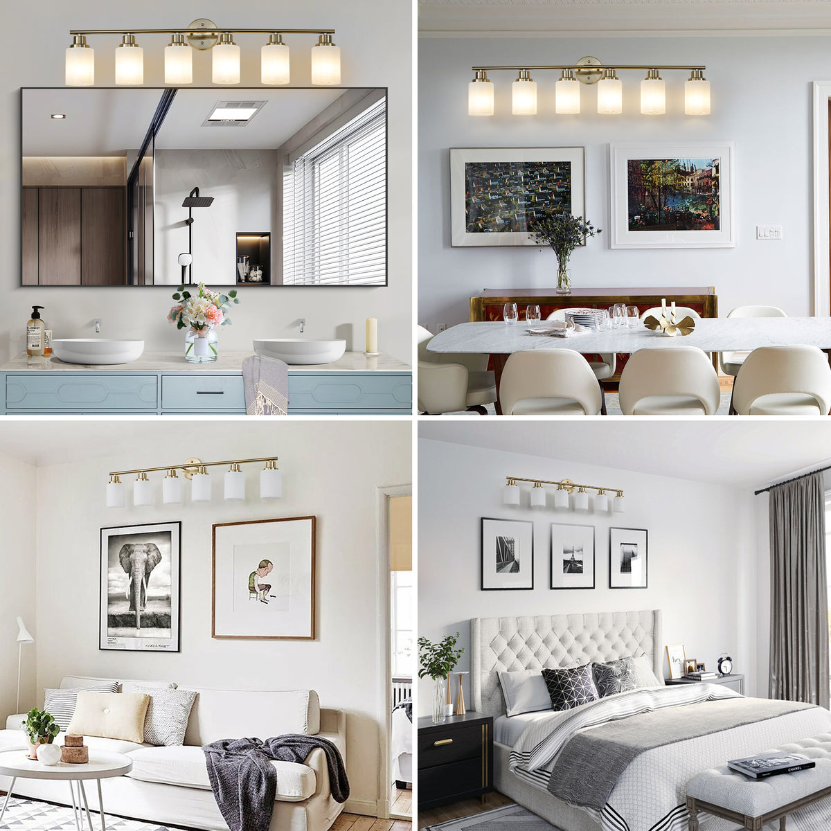 Anthony & Home Atelier Gold Finish Six-Light Vanity Wall Sconce with elegant gold finish and six exposed bulbs on a modern bathroom wall.