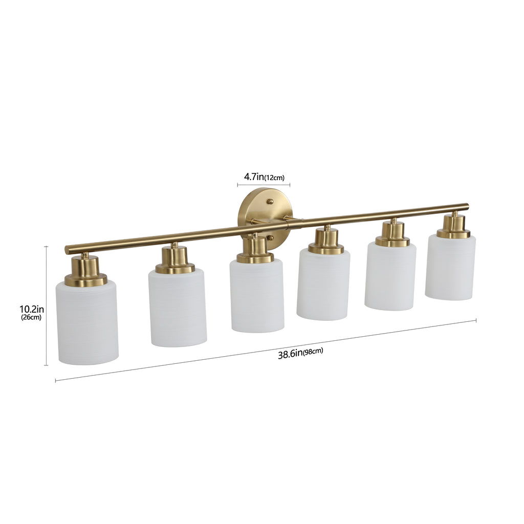 Anthony & Home Atelier Gold Finish Six-Light Vanity Wall Sconce with elegant gold-finished metal frame and six exposed light bulbs.