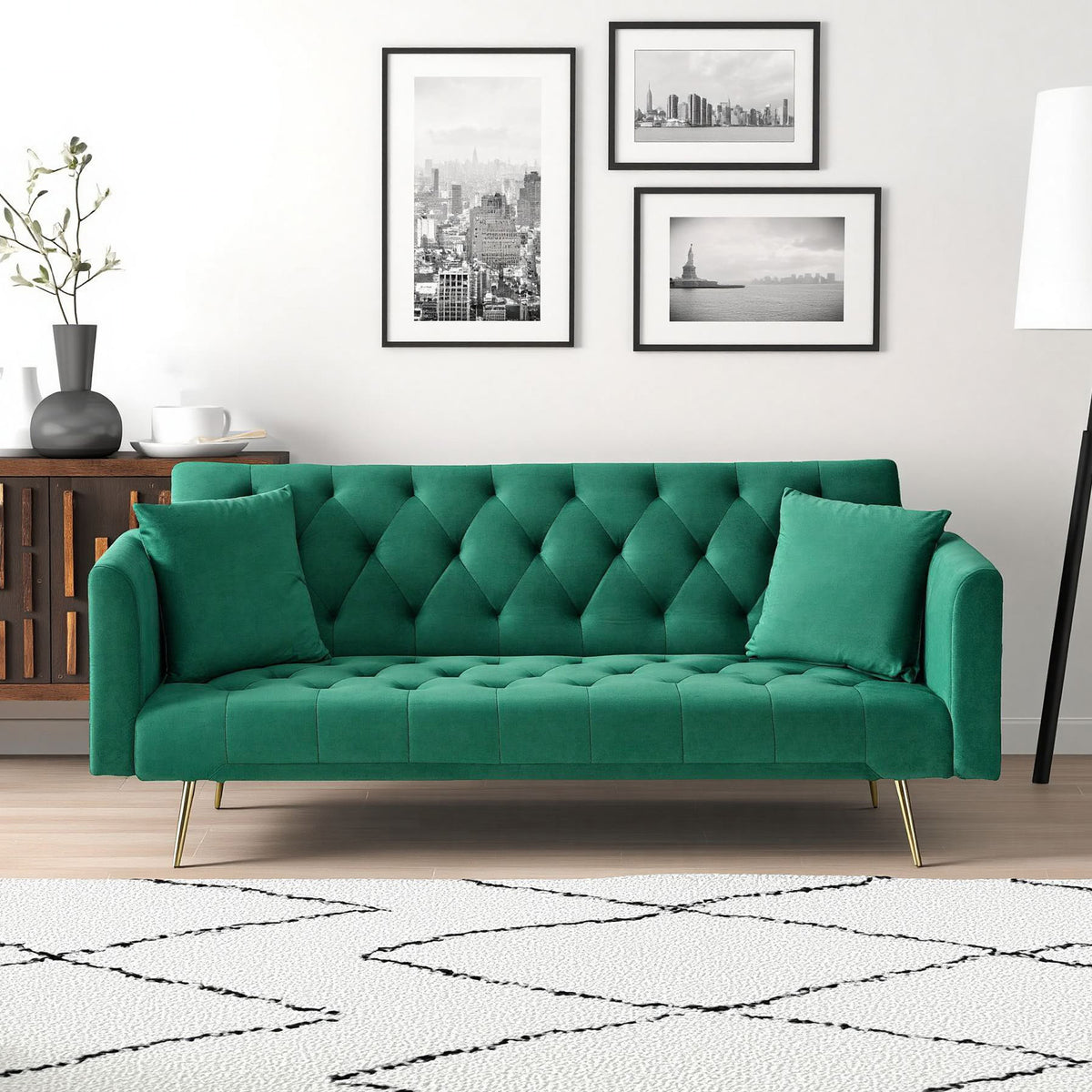 Anthony & Home Atelier Green Velvet Convertible Love Seat with plush velvet fabric and modern design, set in a cozy living space.