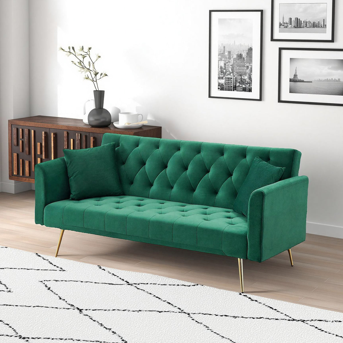 Green velvet convertible love seat by Anthony & Home with plush cushions and sleek design, perfect for modern living spaces.
