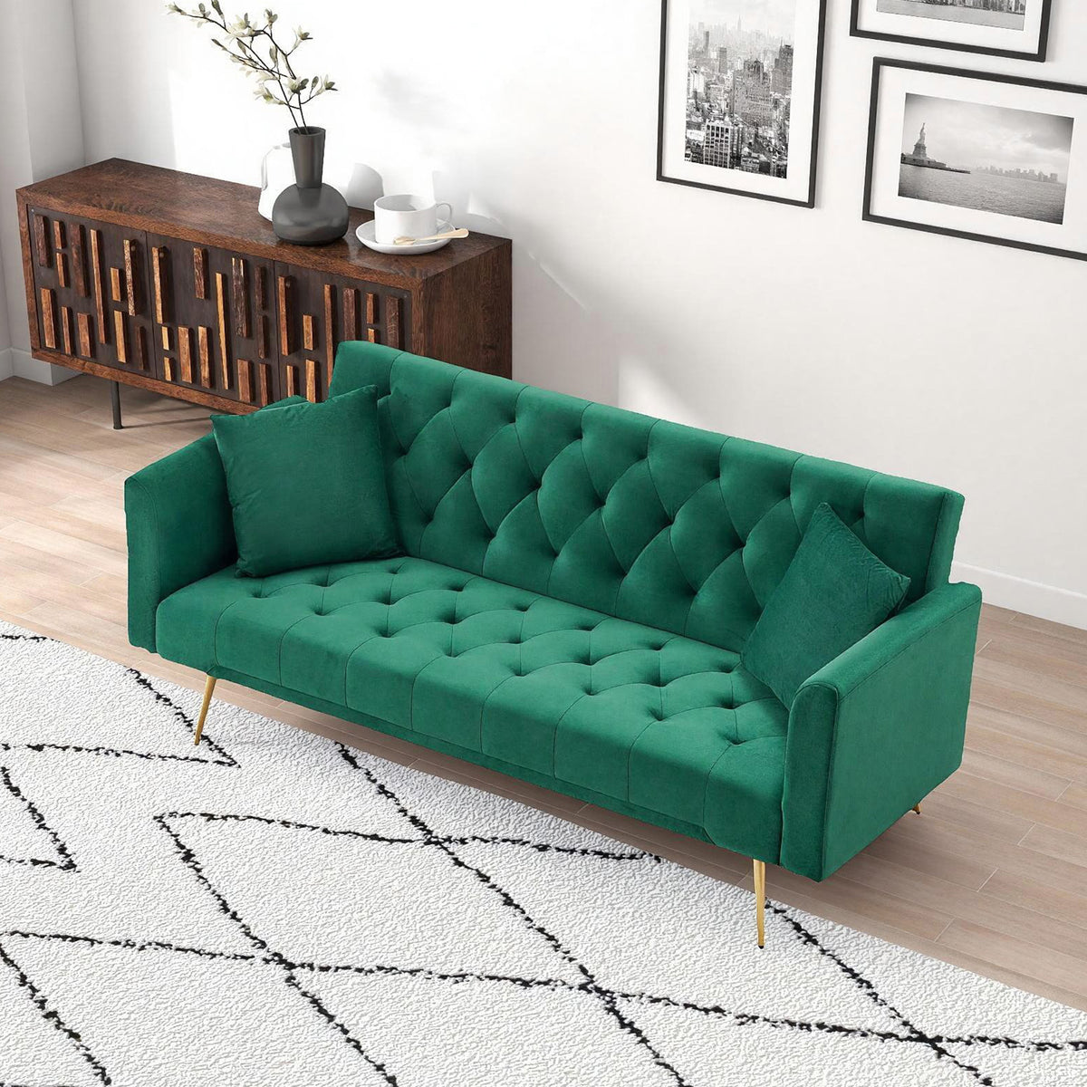 Anthony & Home Atelier Green Velvet Convertible Love Seat with plush velvet upholstery and modern design.