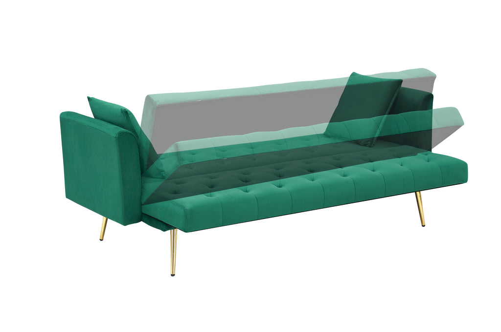 Anthony & Home Atelier green velvet convertible love seat with plush cushions and elegant design, perfect for modern living rooms.