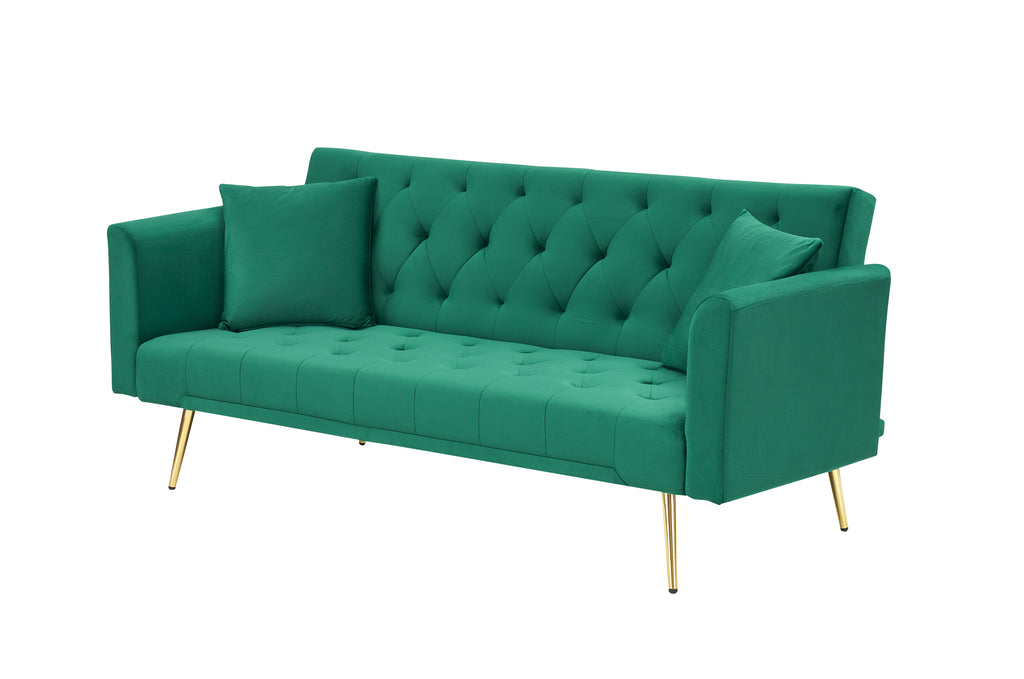 Anthony & Home Atelier Green Velvet Convertible Love Seat with plush velvet upholstery and modern design, shown in a stylish living room setting.