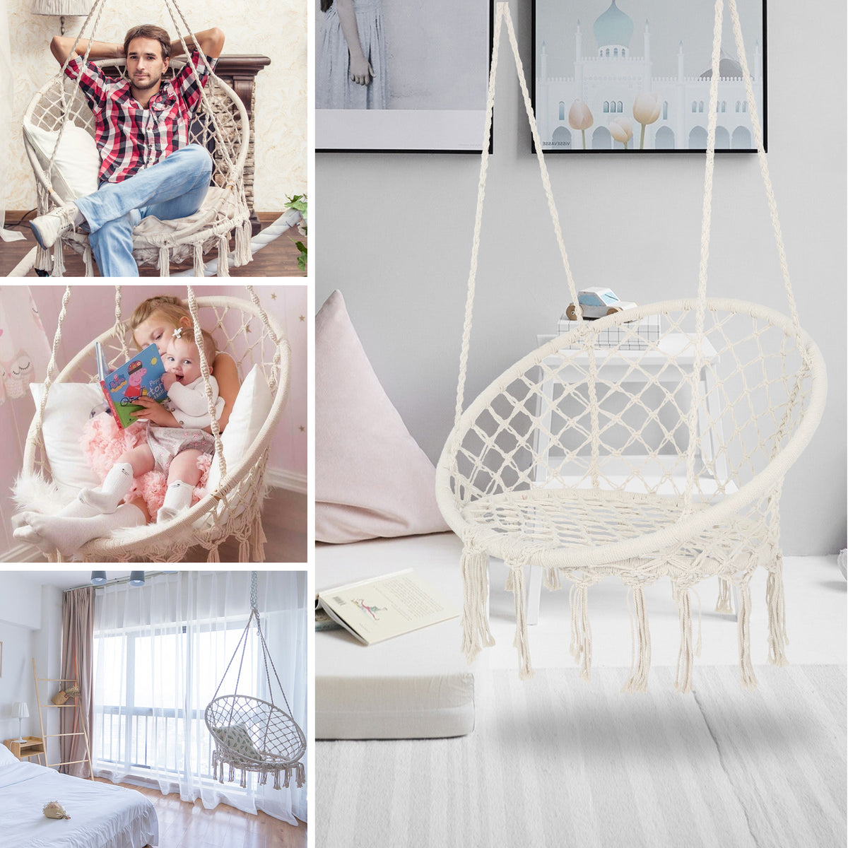 Anthony & Home Atelier macrame hammock chair in luxe cotton rope, suitable for indoor and outdoor use, supports up to 330 lbs.