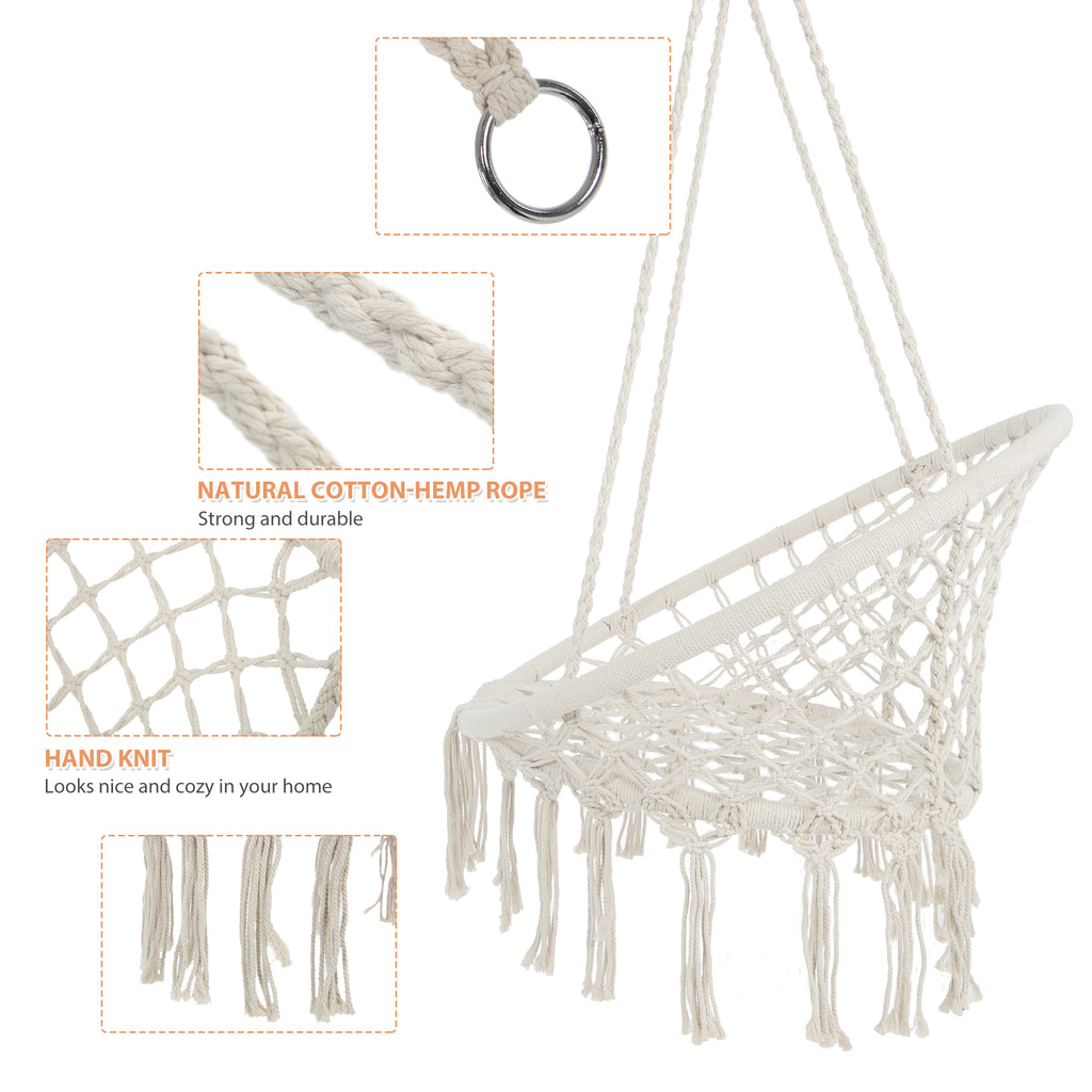 Anthony & Home Atelier macrame hammock chair made of luxe cotton rope, suitable for indoor and outdoor use, 330 lb capacity.