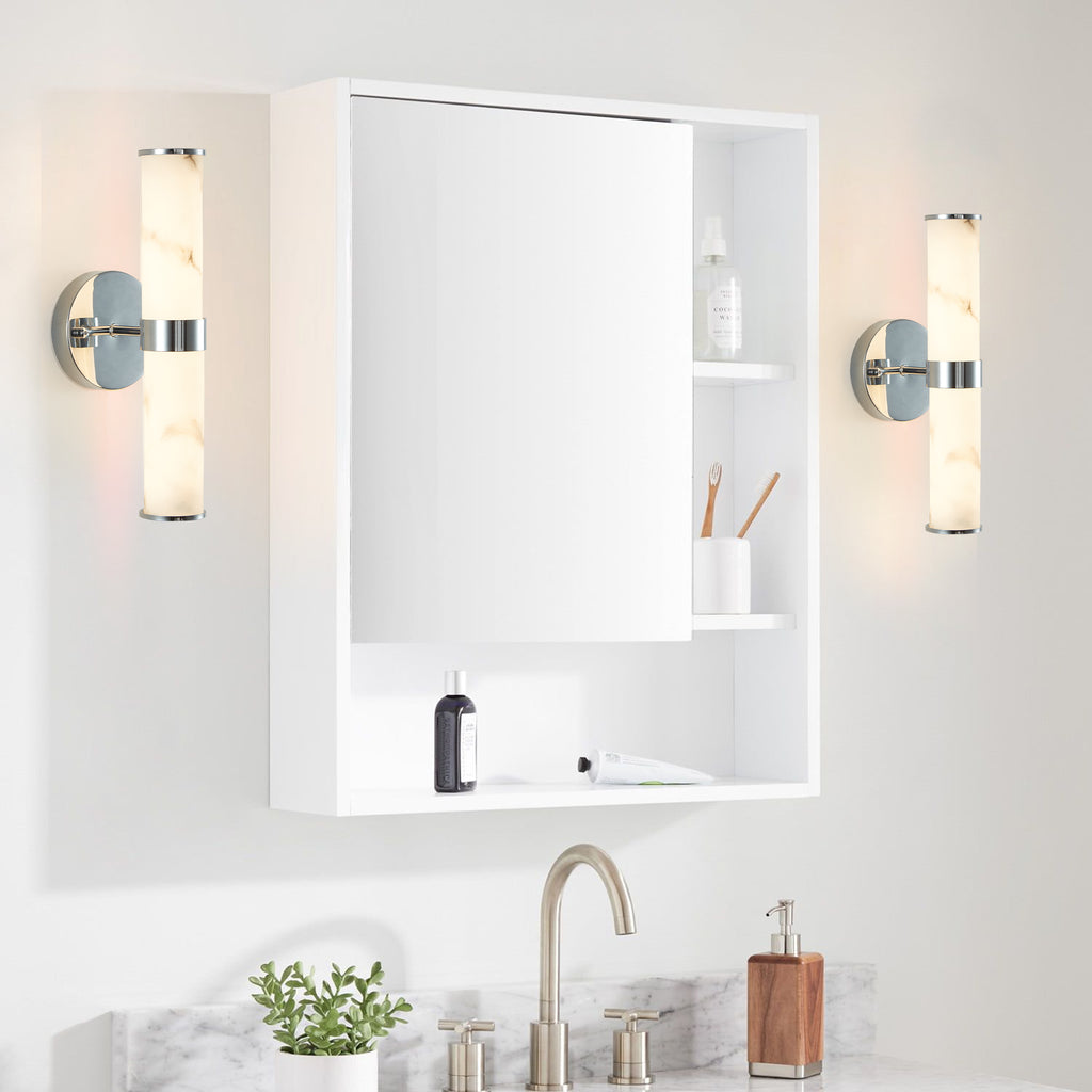 Pair of Anthony & Home Atelier Marble Wall Sconces with sleek, modern design featuring marble accents and black metal fixtures.