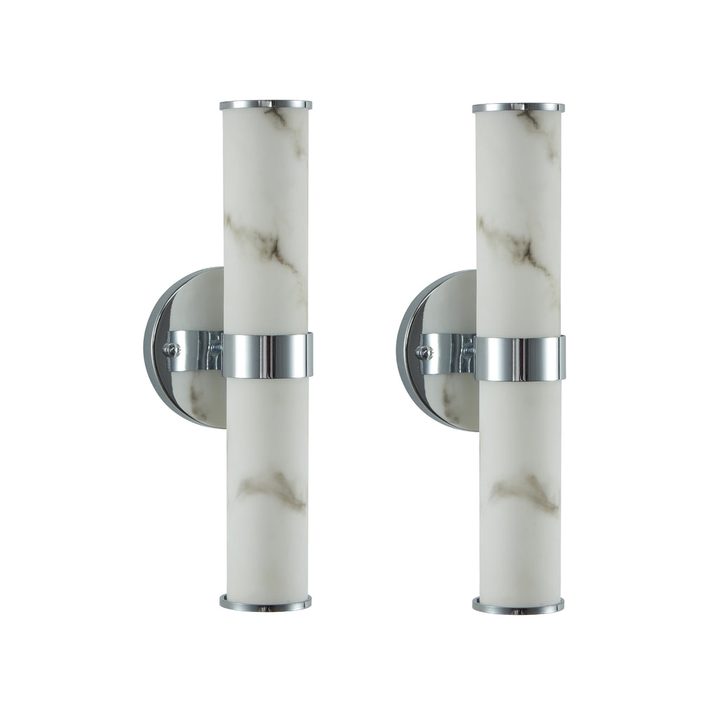 Pair of Anthony & Home Atelier Marble Wall Sconces with sleek white marble shades and modern brass mounting for elegant lighting.
