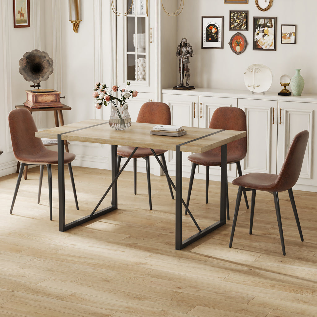 Modern medieval dining set by Anthony & Home featuring tech fabric upholstery and elegant wooden table and chairs.