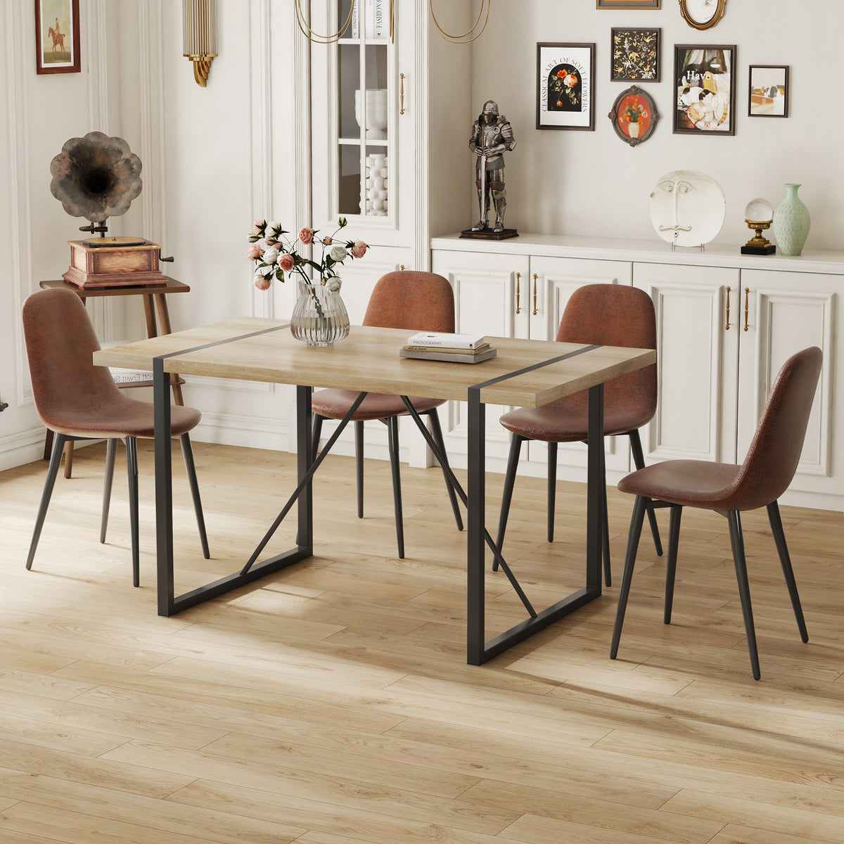 Modern medieval dining set by Anthony & Home featuring tech fabric upholstery and elegant wooden table and chairs.