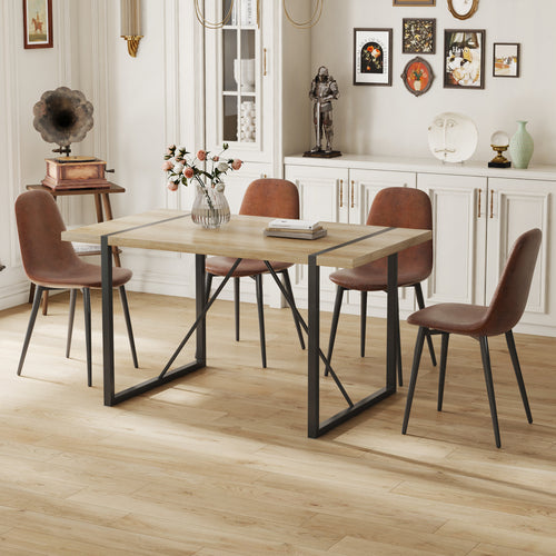 Modern medieval dining set with Anthony & Home tech fabric, featuring a wooden table and matching chairs in a stylish dining room.