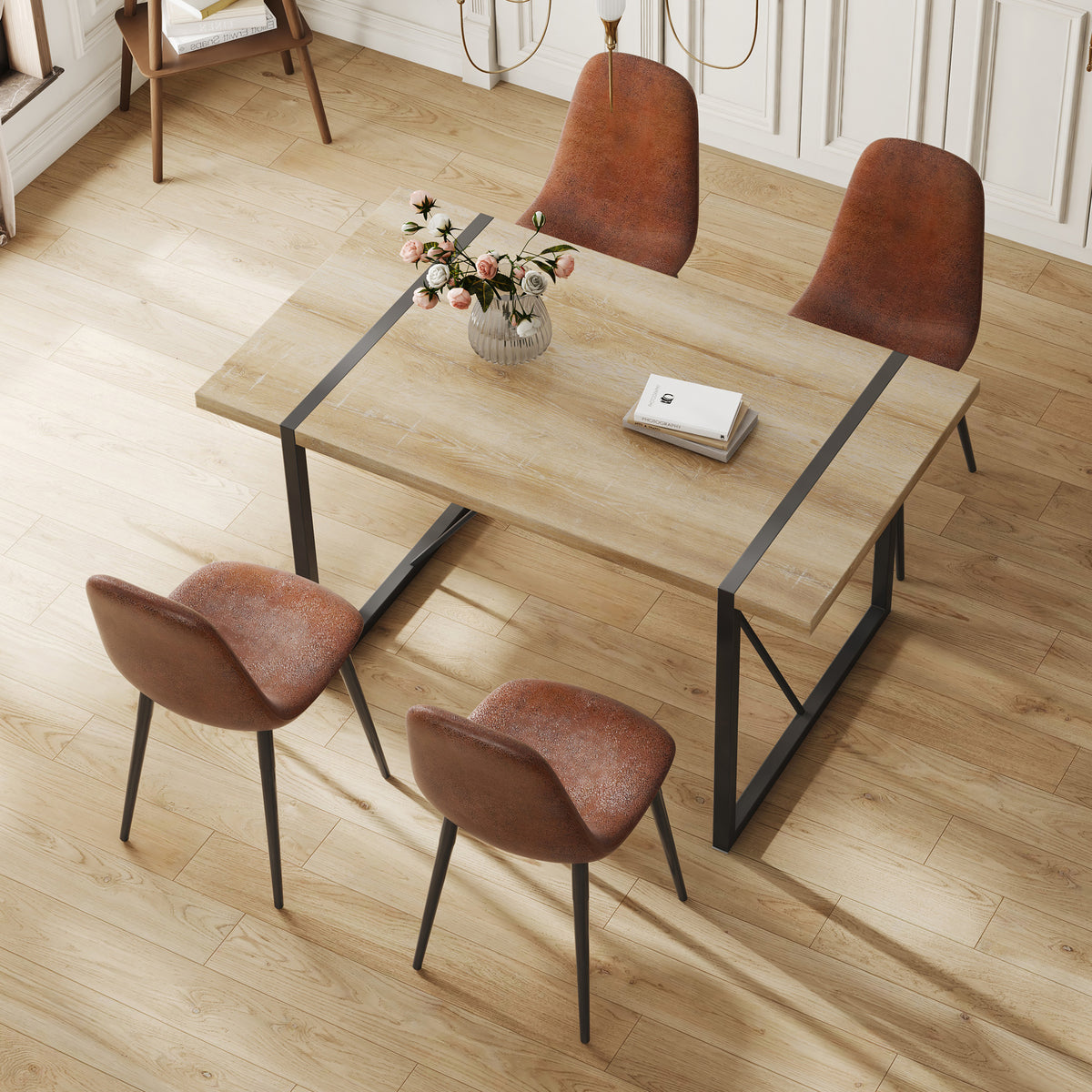 Modern medieval dining set with Anthony & Home tech fabric, featuring a table and matching chairs in a contemporary design.