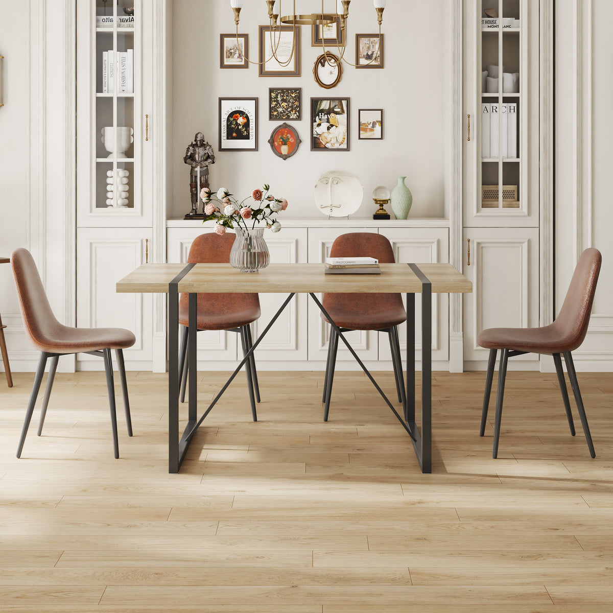 Modern medieval dining set by Anthony & Home featuring tech fabric upholstery, including a table and matching chairs.