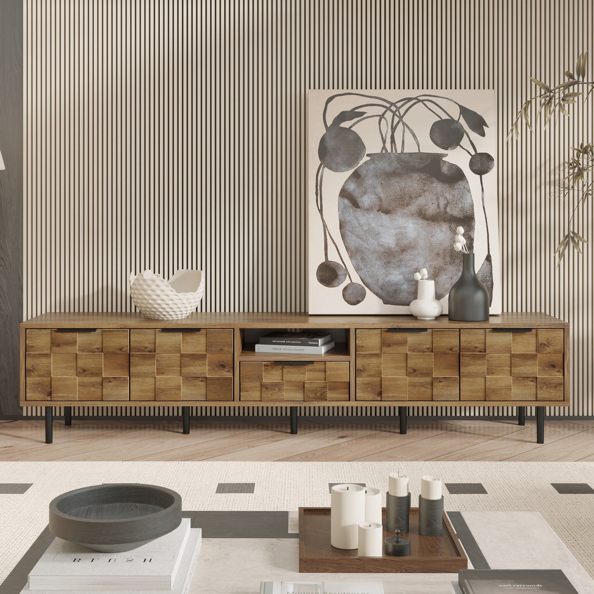 Anthony & Home Atelier natural wood 78-inch wide TV stand with storage, showcasing a sleek modern design and ample space for electronics.