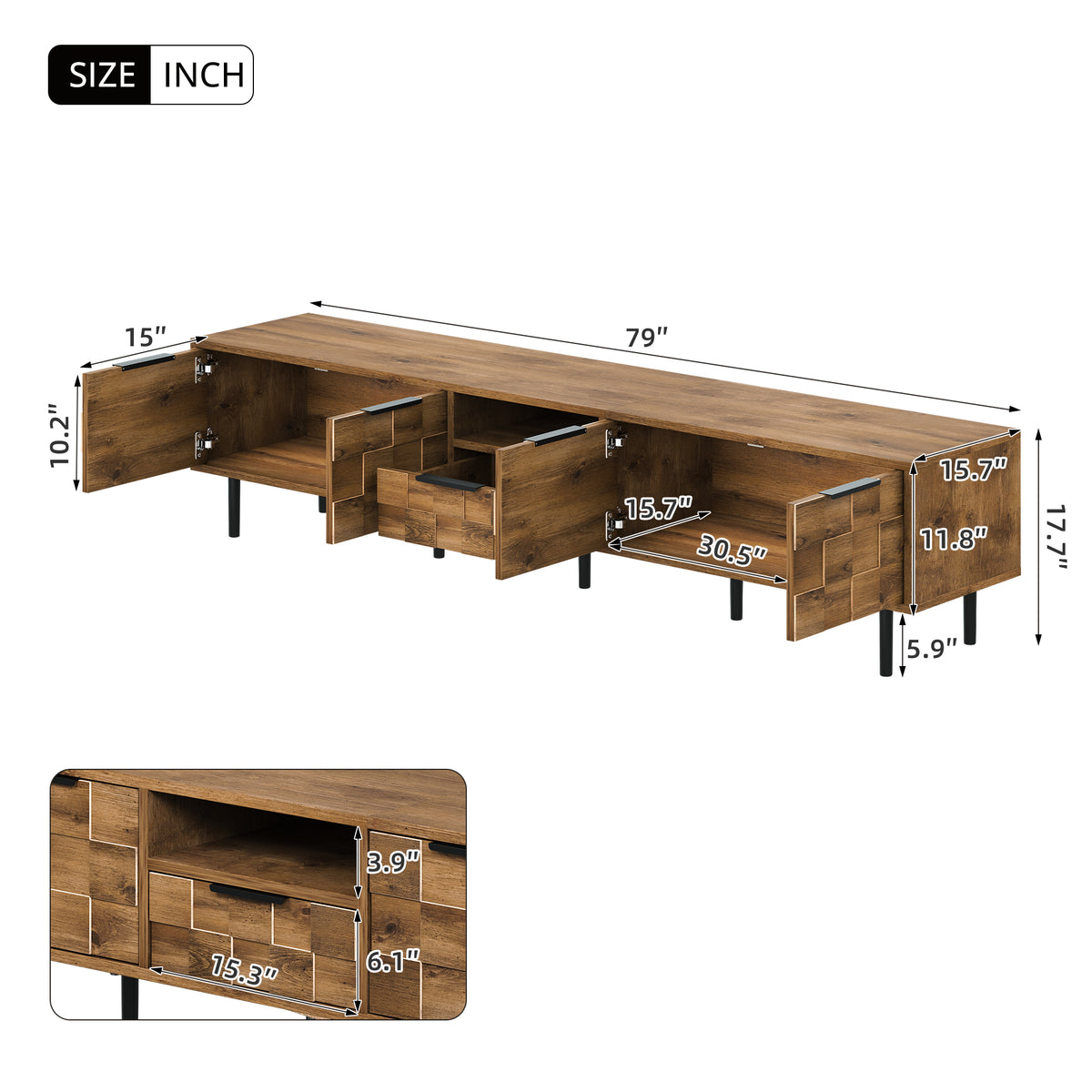 Anthony & Home Atelier Natural Wood 78-Inch Wide TV Stand with storage, featuring a sleek, modern design and ample space for media devices.