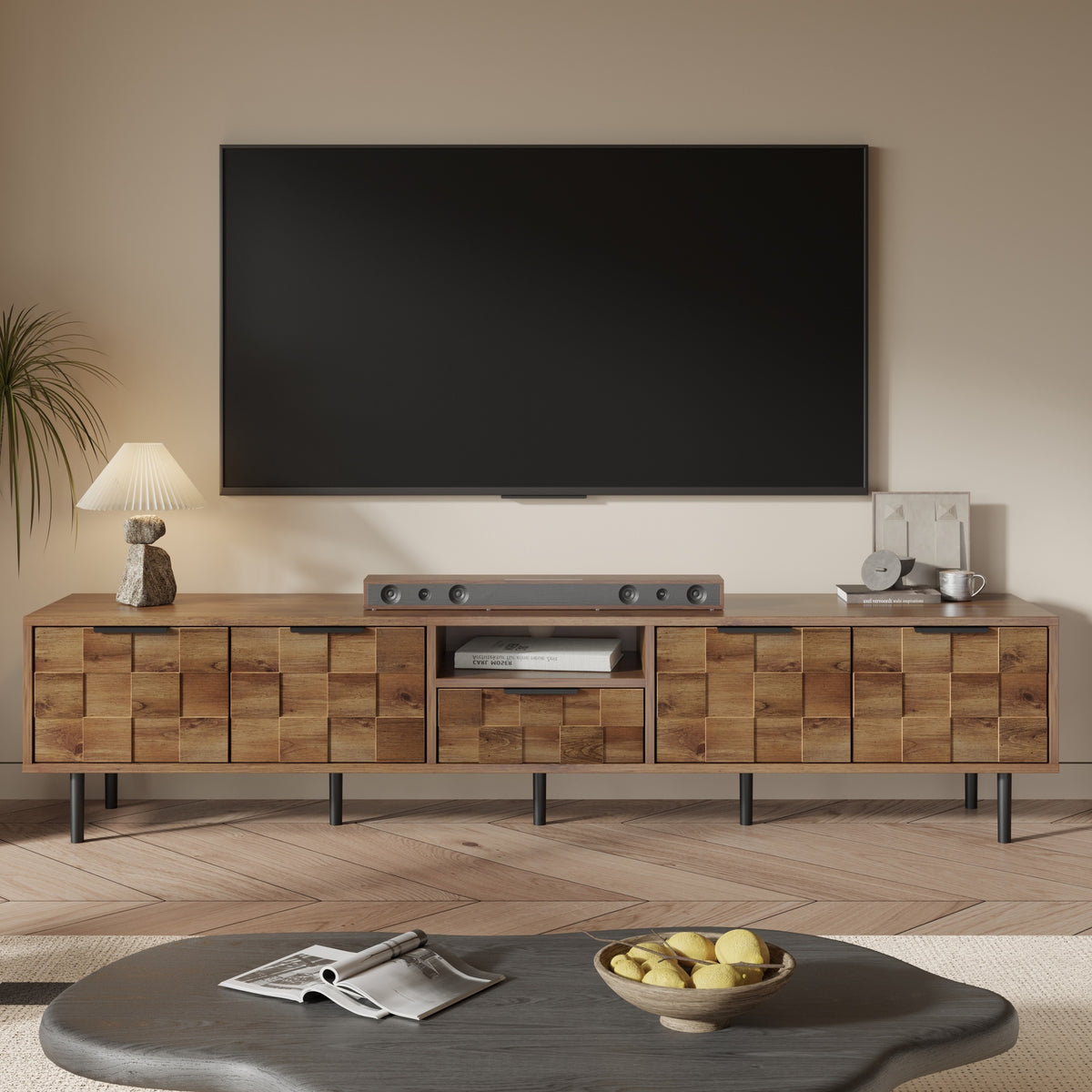 Anthony & Home natural wood TV stand, 78-inch wide entertainment center with storage drawers and open shelving for living rooms.