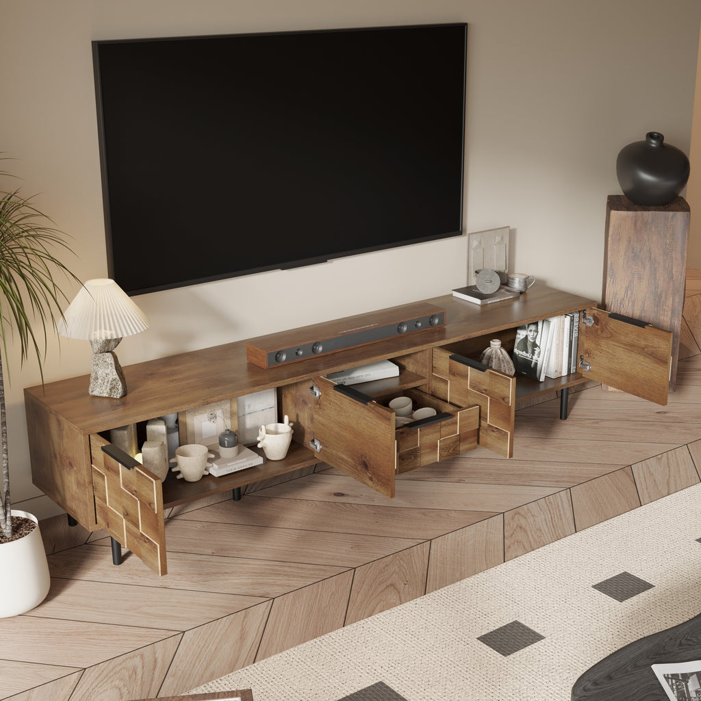 Anthony & Home Atelier natural wood 78-inch TV stand with storage compartments and modern design for living room decor.