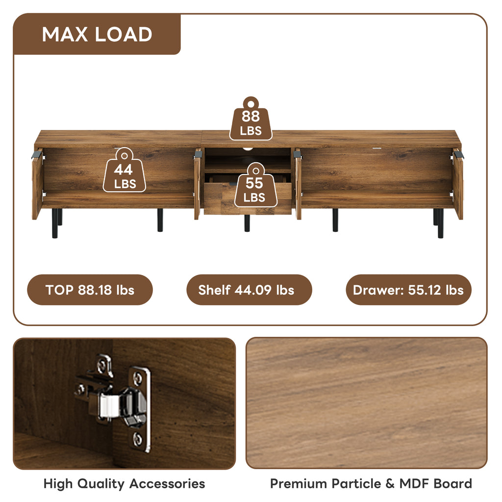 Anthony & Home natural wood TV stand, 78-inch wide with storage, showcasing a modern, sleek design for living room entertainment.