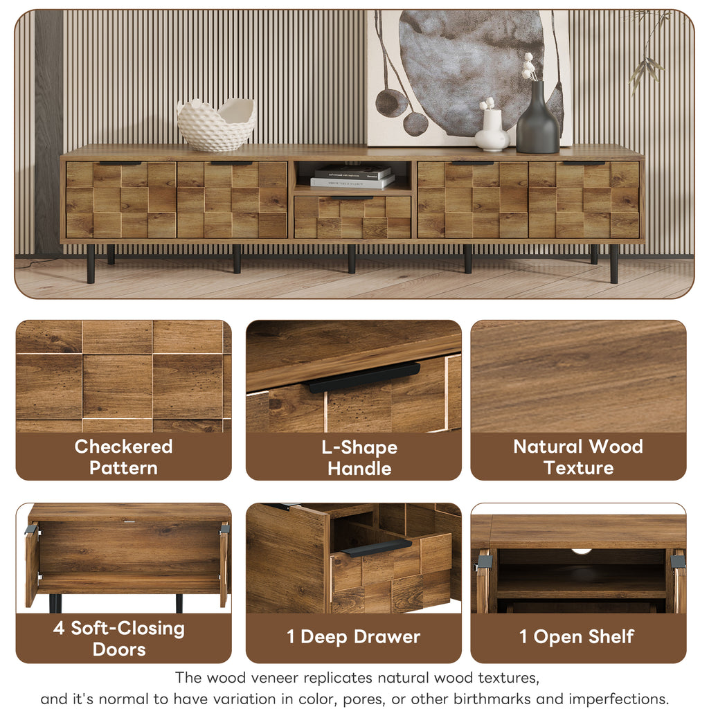 Anthony & Home Atelier Natural Wood 78-Inch TV stand with storage, featuring a sleek modern design and multiple open and closed compartments.