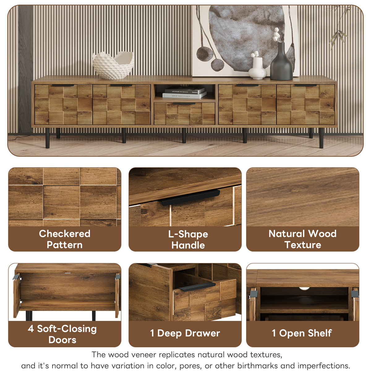 Anthony & Home Atelier Natural Wood 78-Inch TV stand with storage, featuring a sleek modern design and multiple open and closed compartments.