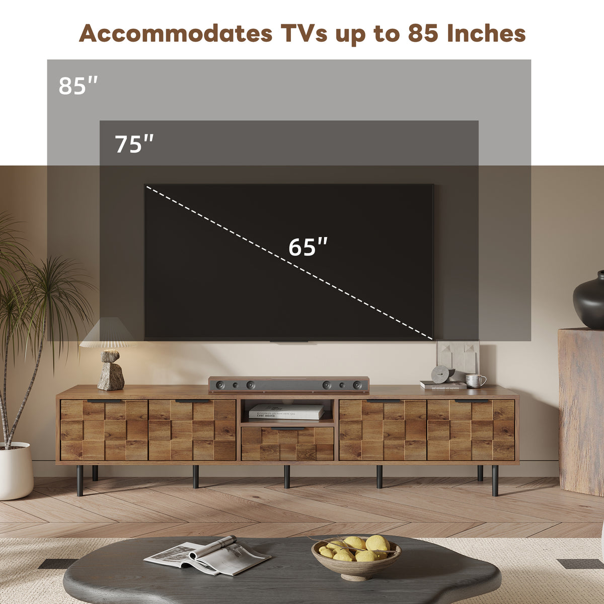 Anthony & Home Atelier natural wood 78-inch TV stand with storage, featuring a sleek, modern design and ample space for media devices.