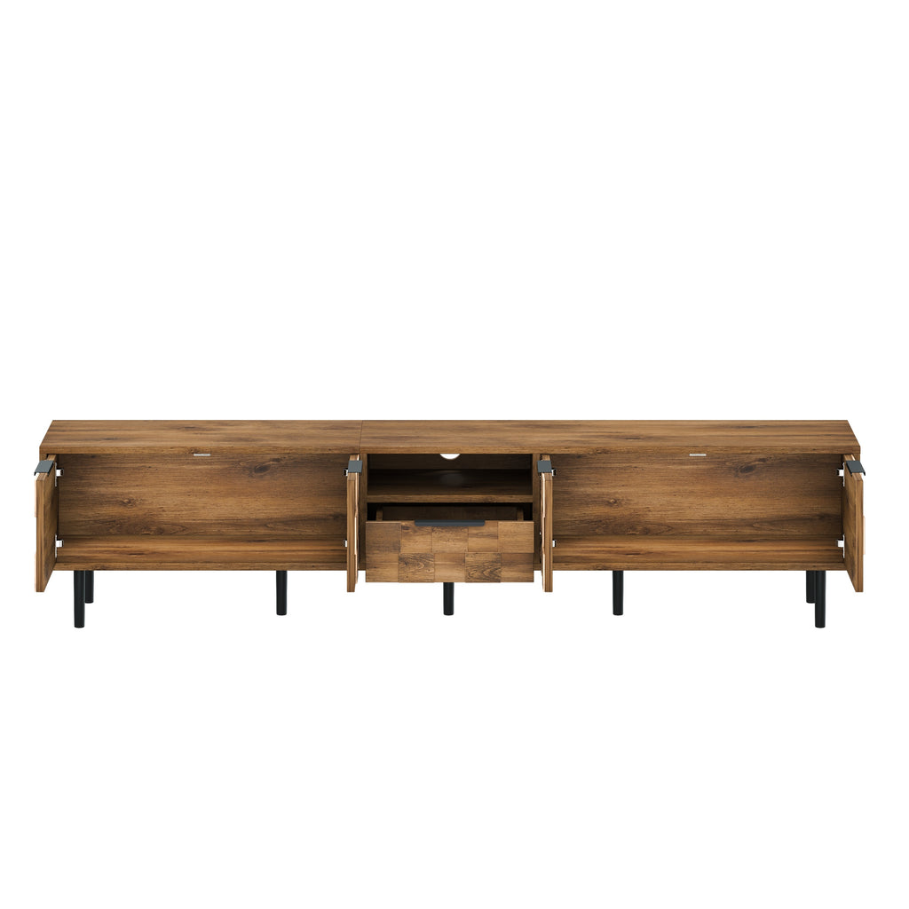 Anthony & Home Atelier natural wood TV stand, 78-inch wide with storage compartments for media and decor.