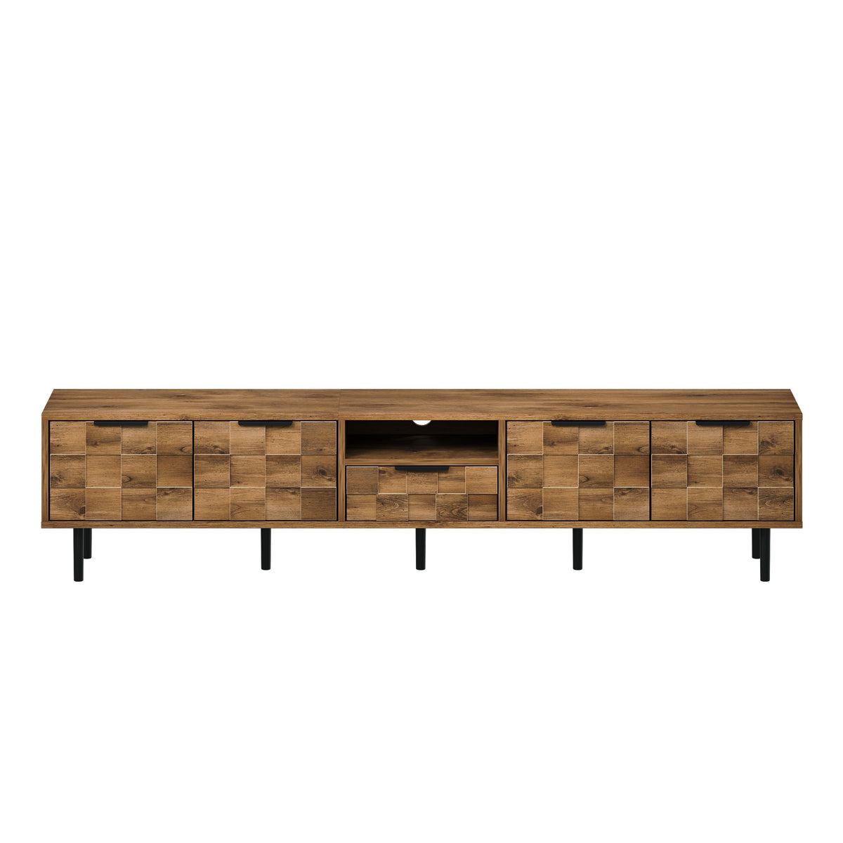 Anthony & Home Atelier Natural Wood 78-Inch TV Stand with storage compartments and modern design, ideal for living room decor.
