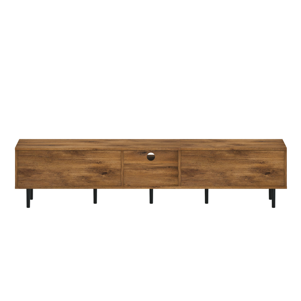 Anthony & Home Atelier natural wood 78-inch TV stand with storage, showcasing sleek design and spacious shelving for entertainment devices.