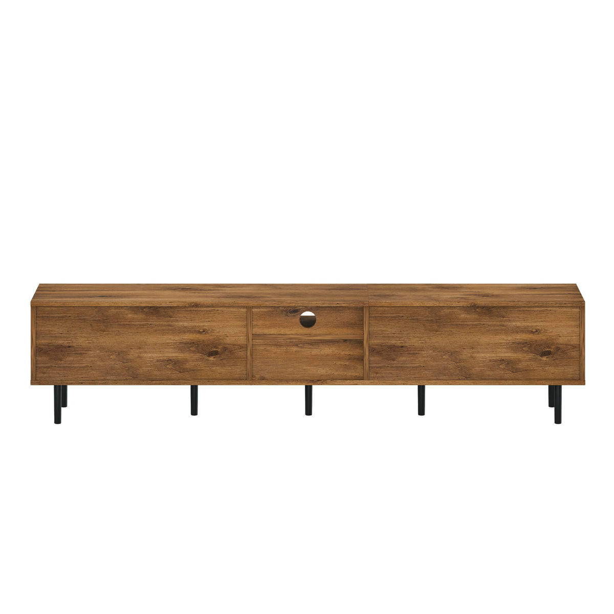 Anthony & Home Atelier natural wood 78-inch TV stand with storage, showcasing sleek design and spacious shelving for entertainment devices.