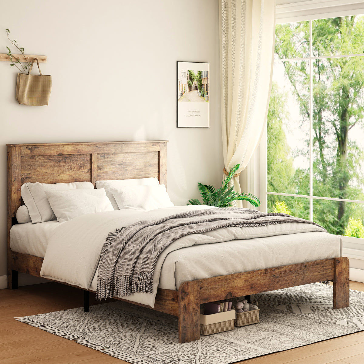 Anthony & Home Atelier Premier king size platform bed in dark brown finish with solid wood and metal frame, shown in a bedroom setting.