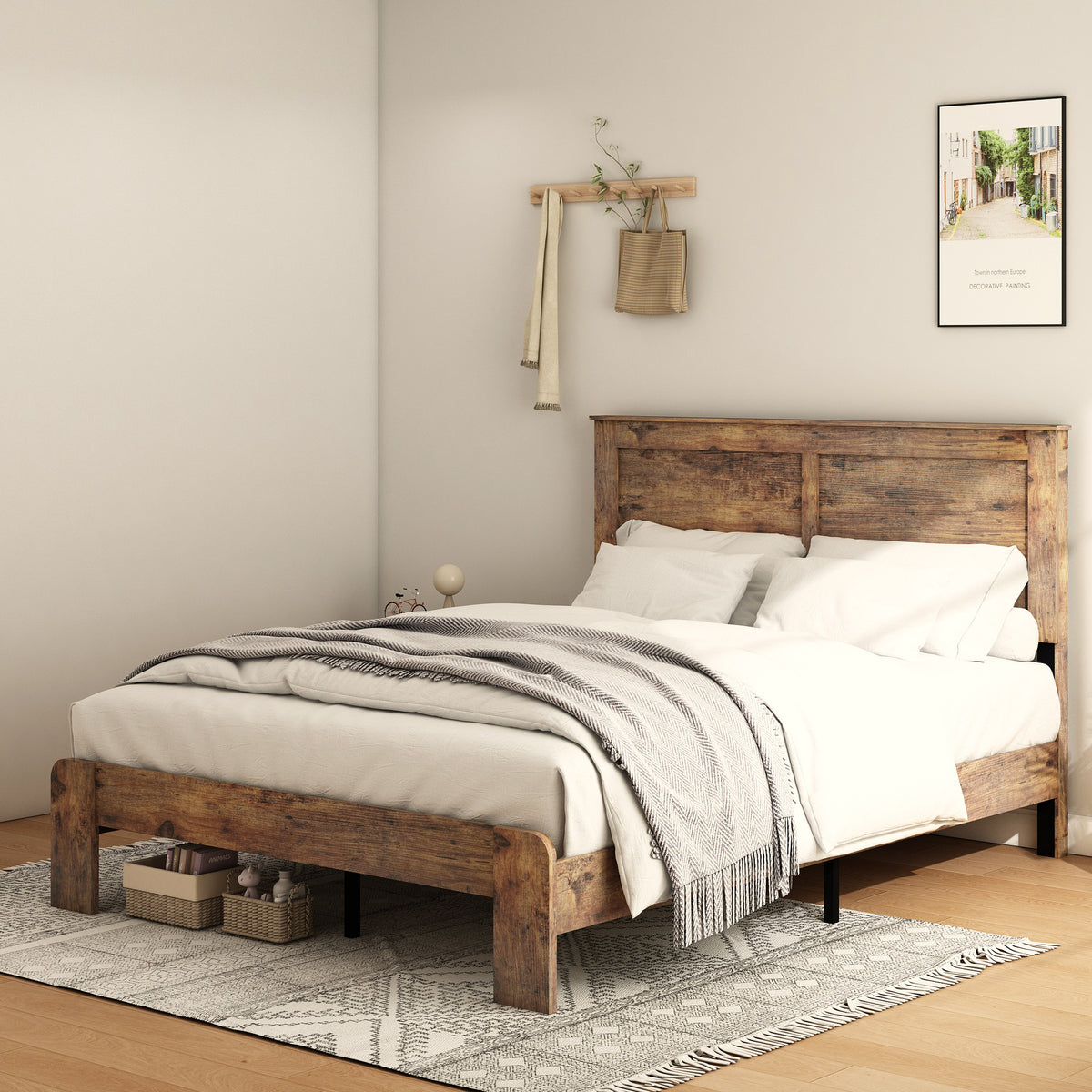 King size Atelier Premier platform bed by Anthony & Home with dark brown solid wood and metal frame, shown in a modern bedroom setting.