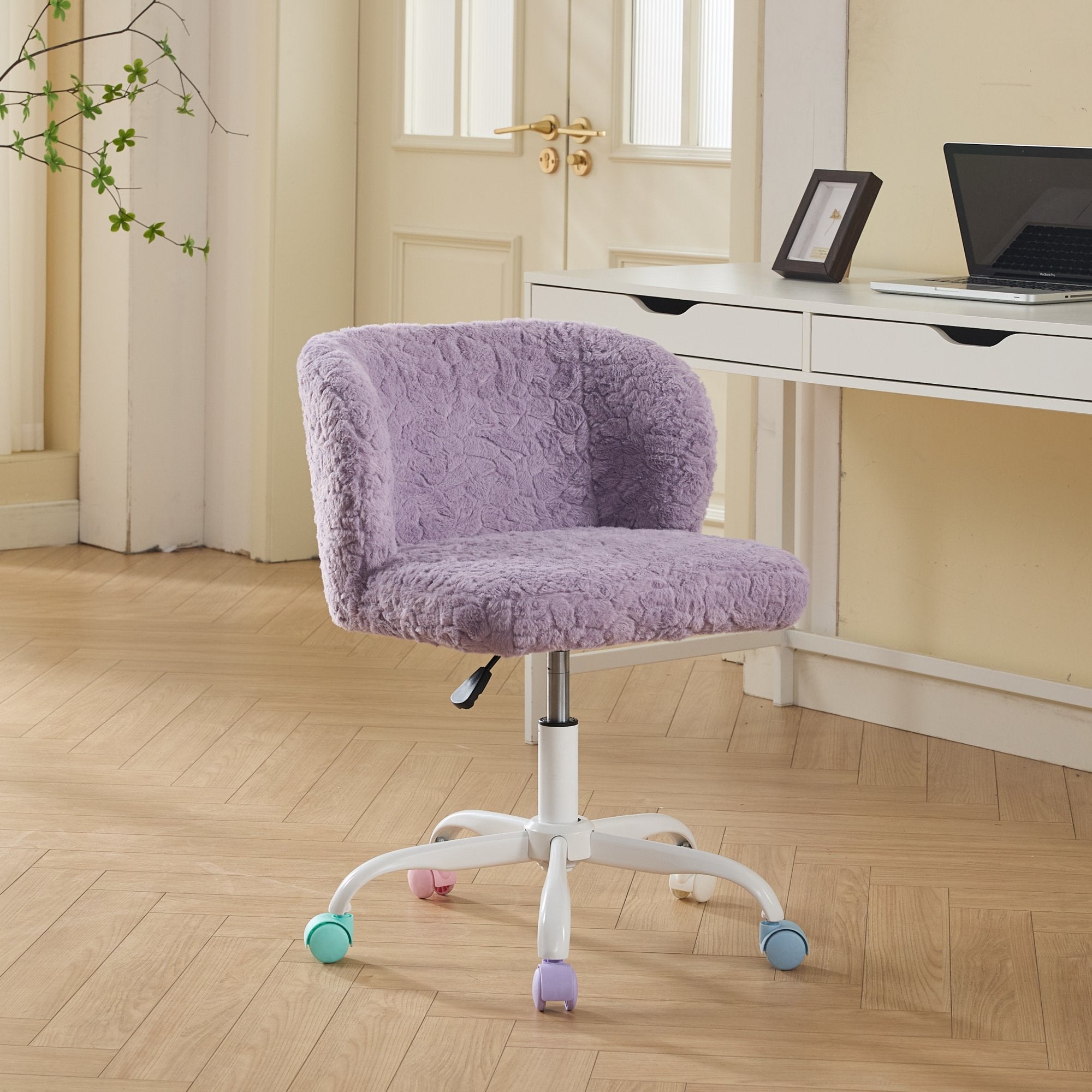 Violet Atelier rabbit-hair office chair with metal base by Anthony & Home, featuring plush seating and sleek modern design