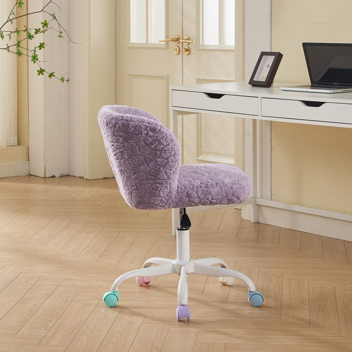 Violet Atelier rabbit-hair office chair with metal base by Anthony & Home, featuring plush upholstery and sleek design.