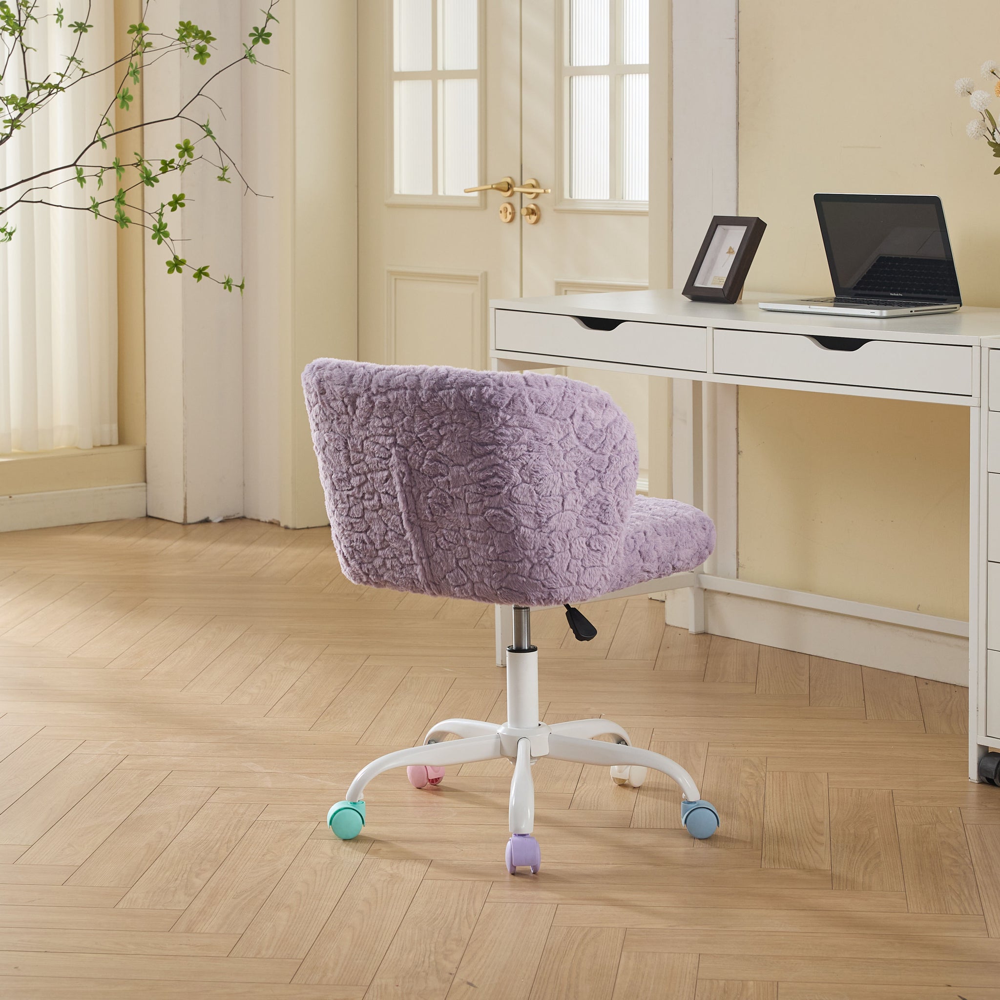 Violet Atelier rabbit-hair office chair with metal base by Anthony & Home, showcasing plush upholstery and modern design.