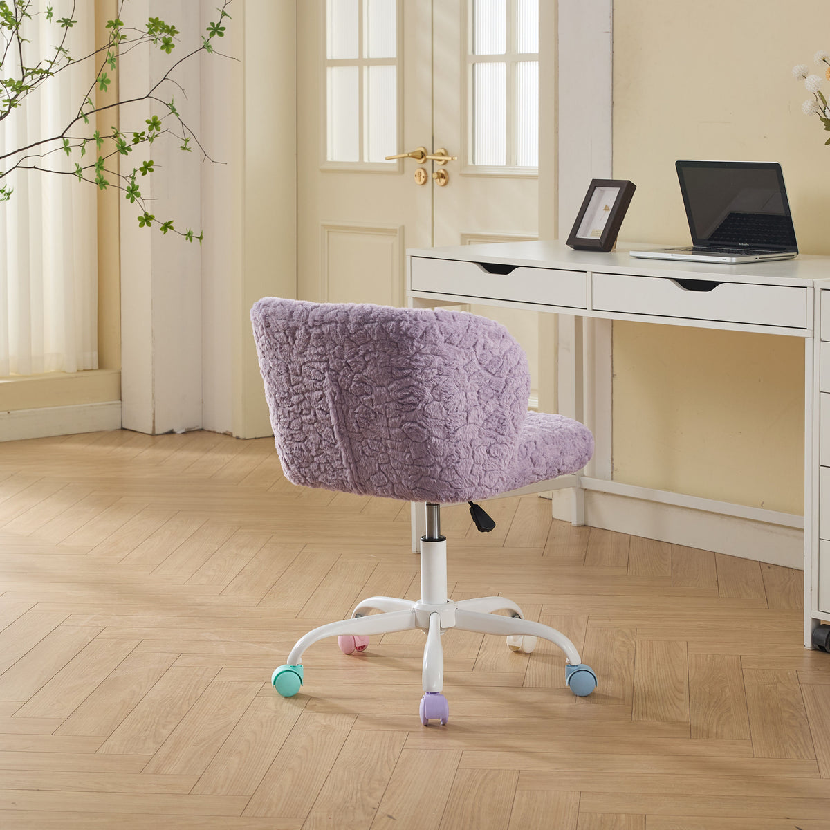 Violet Atelier rabbit-hair office chair with metal base by Anthony & Home, showcasing plush upholstery and modern design.