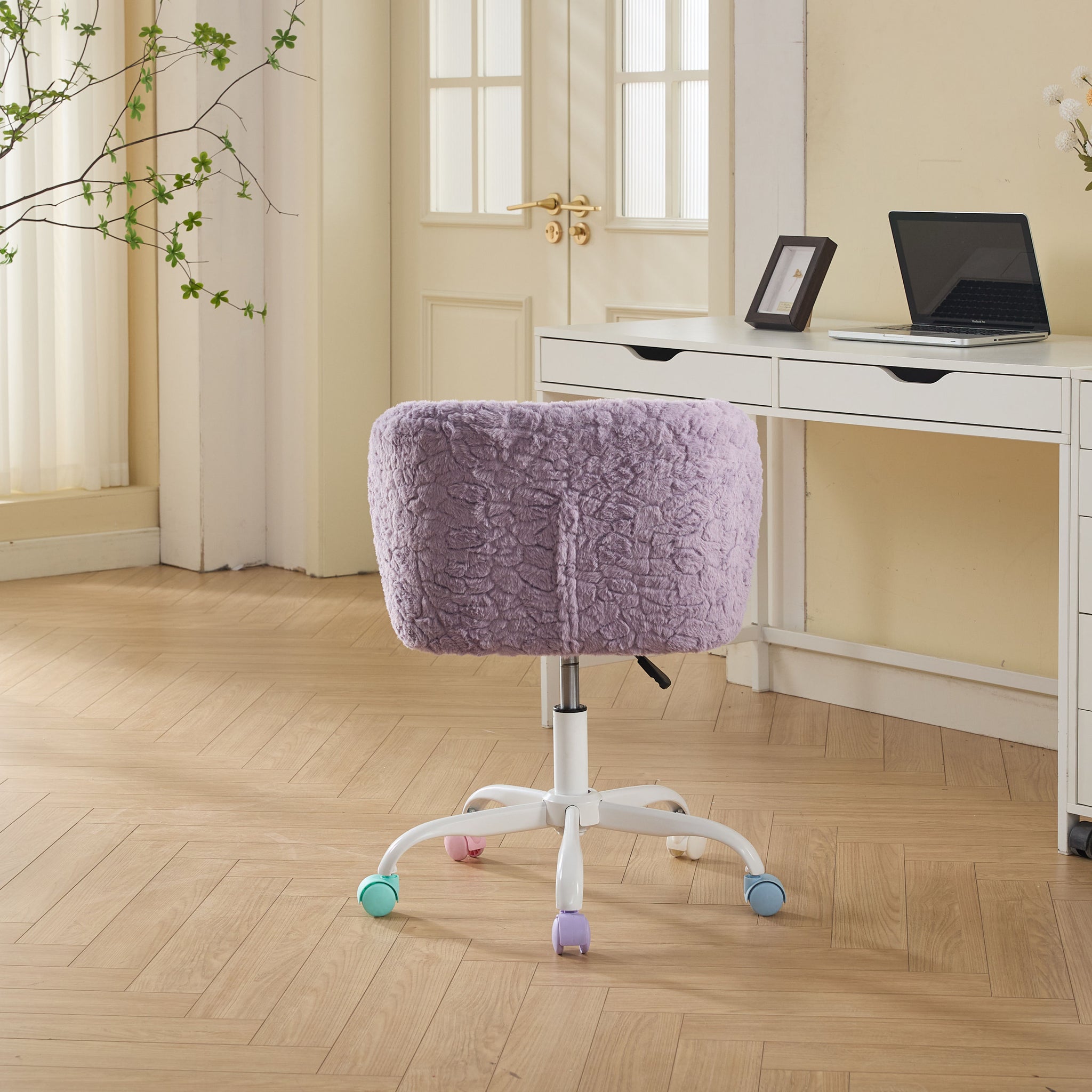 Violet atelier rabbit-hair office chair with metal base by Anthony & Home, featuring plush upholstery and modern design.