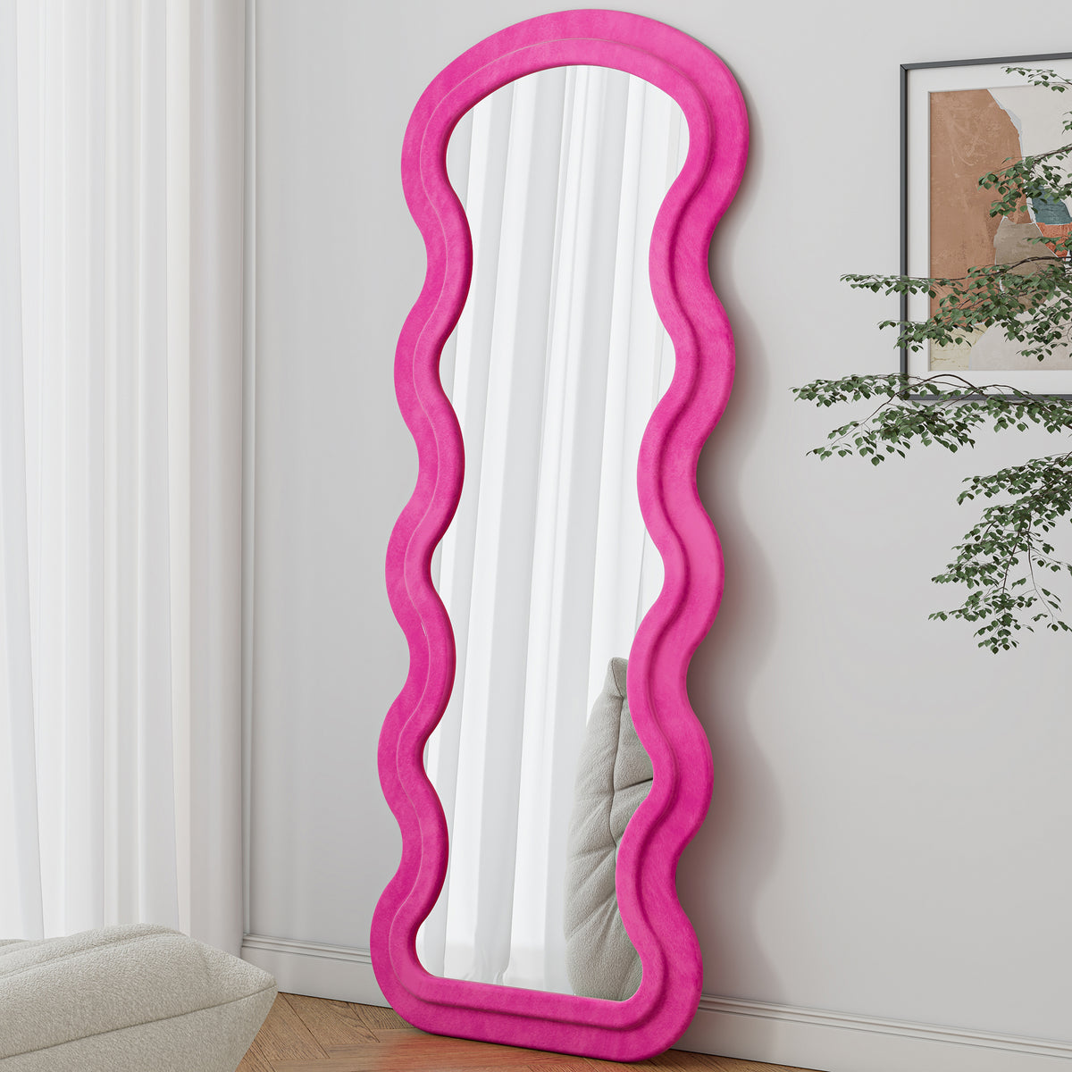 Anthony & Home Atelier Rose Floor Mirror with wave metal stand and rose-toned synthetic wood frame, signature collection design