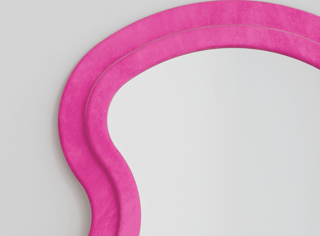 Anthony & Home Atelier Rose Floor Mirror with wave metal stand and synthetic wood frame in a rose tone.