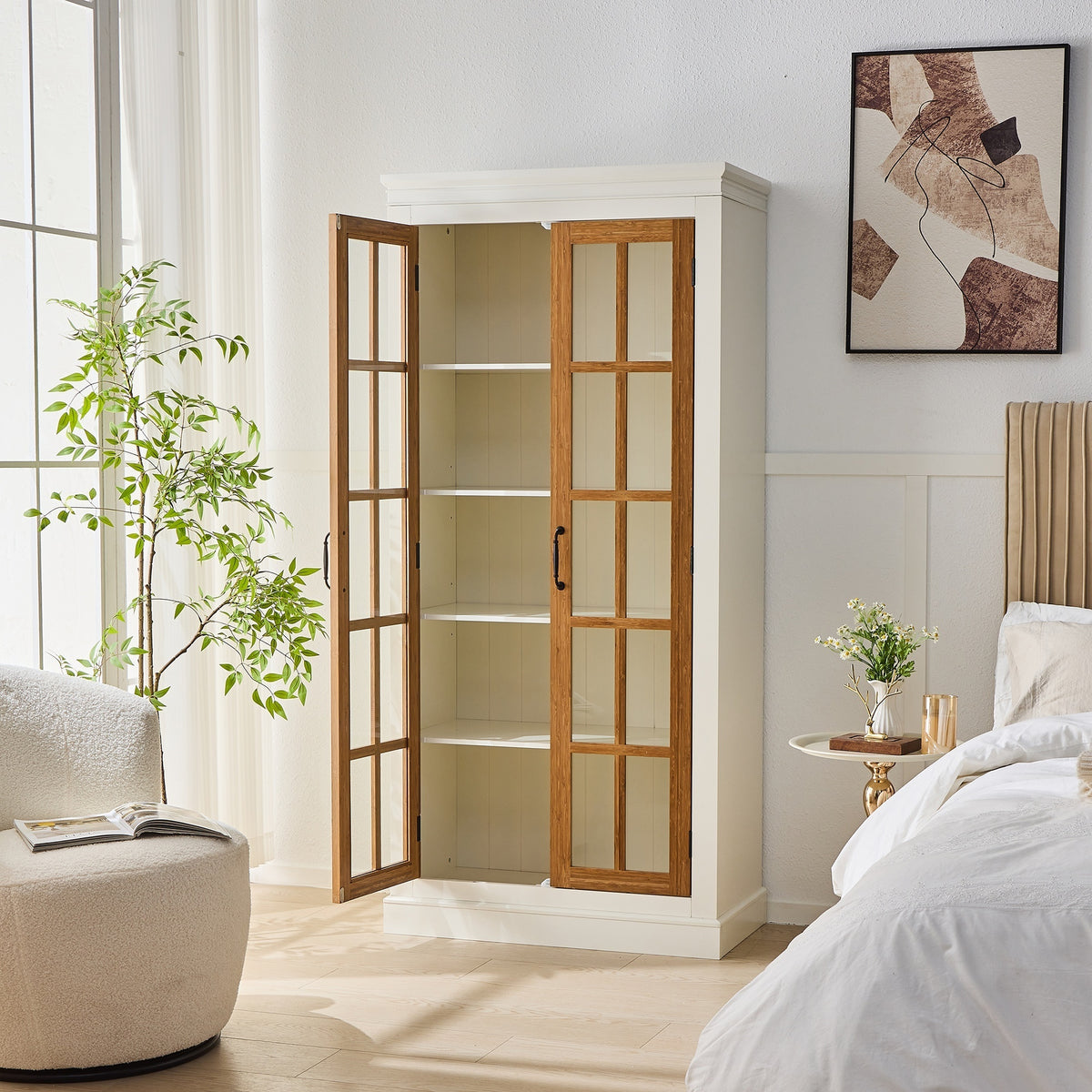 Anthony & Home Atelier rustic display cabinet with bamboo and glass doors, showcasing a stylish wood and glass furniture piece.