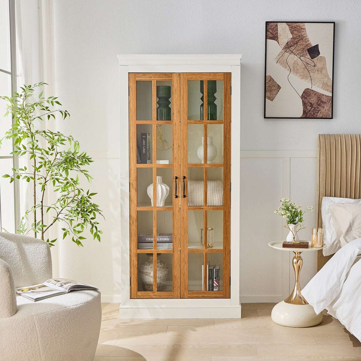 Anthony & Home rustic bamboo display cabinet with glass doors, showcasing its wooden frame and elegant storage design.