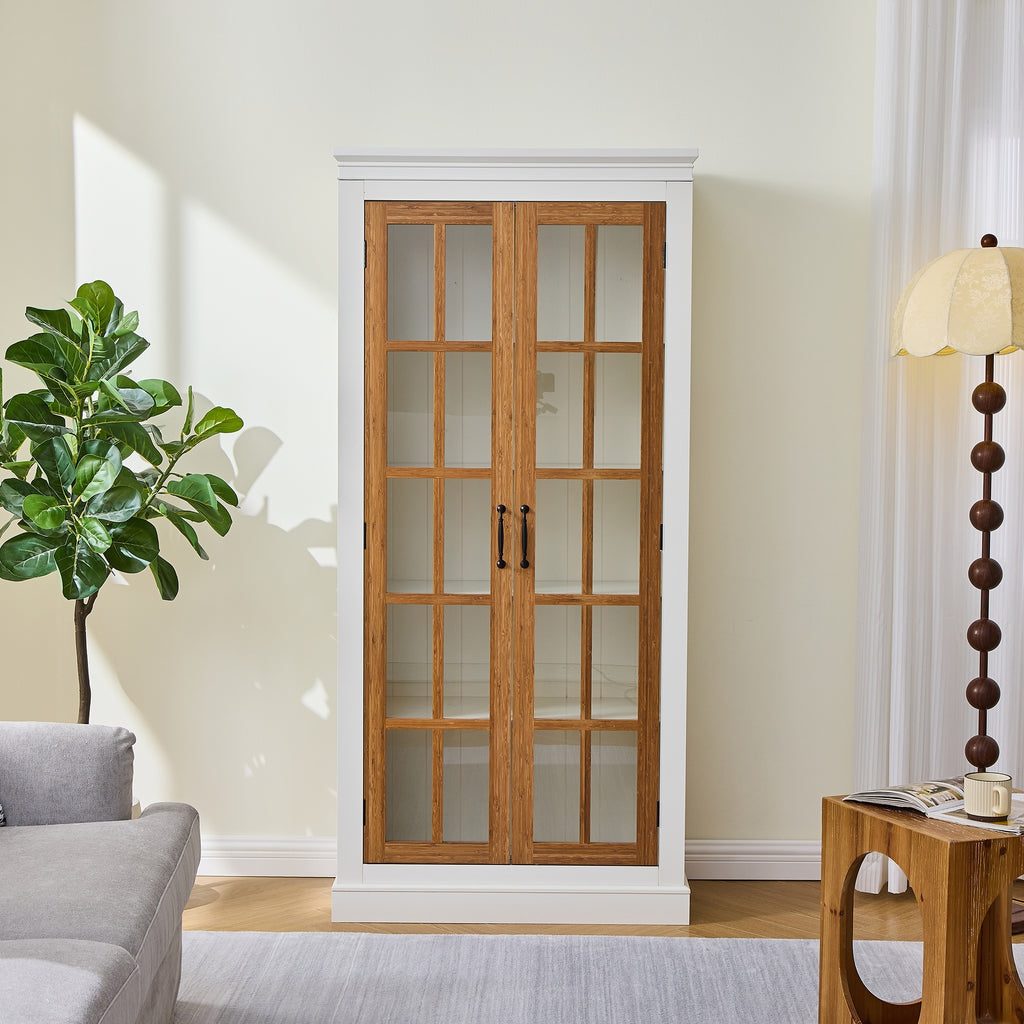 Anthony & Home rustic bamboo display cabinet with glass doors, showcasing a stylish storage piece with natural wood finish.