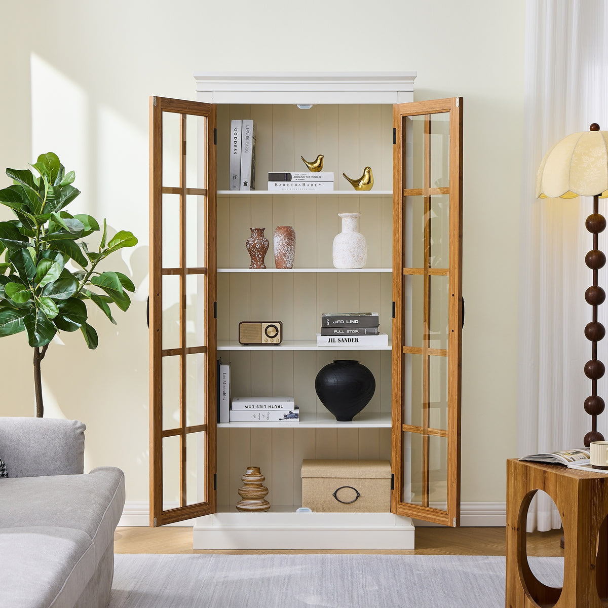 Anthony & Home rustic display cabinet with bamboo frame and glass doors, showcasing its elegant wooden storage design.