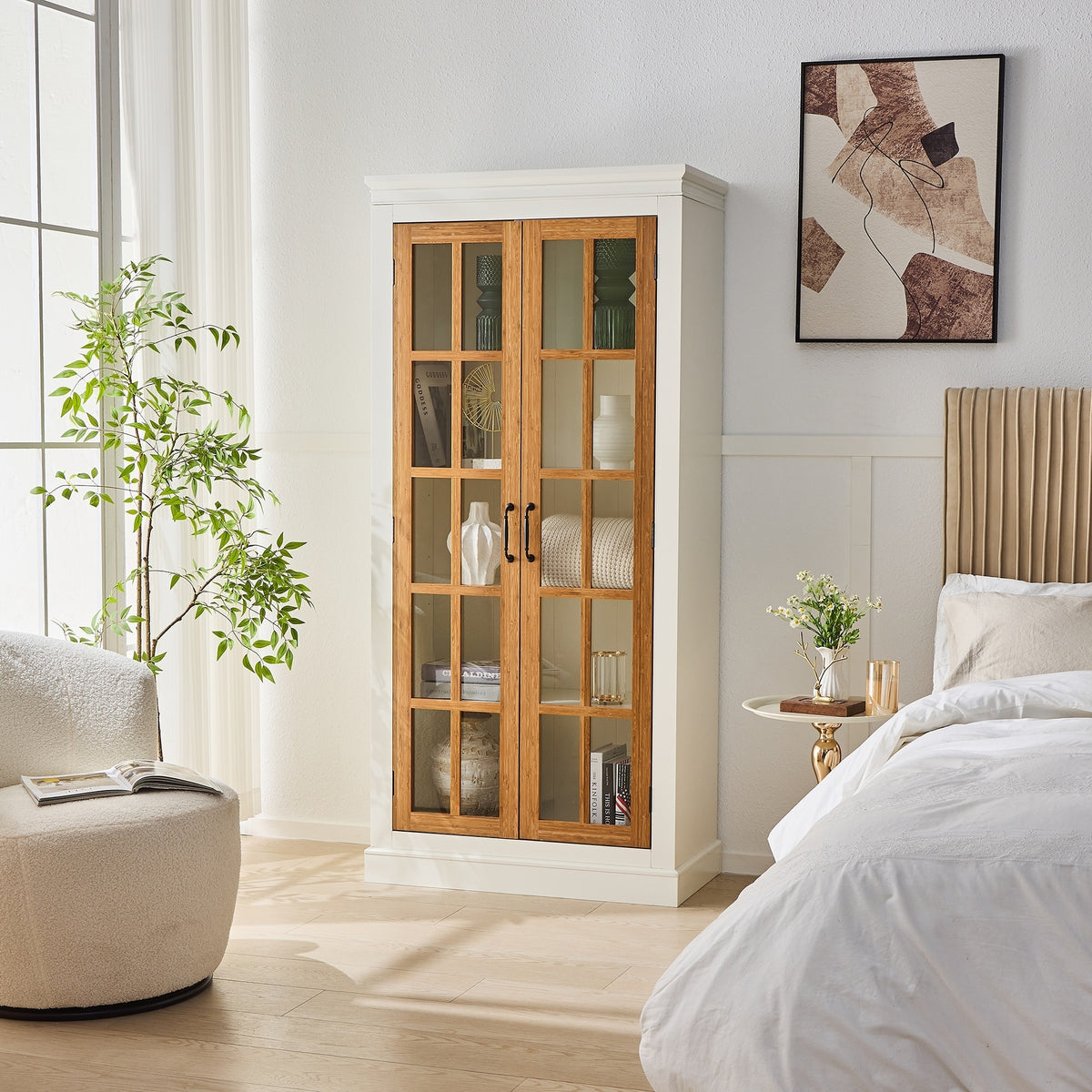 Anthony & Home rustic display cabinet with glass doors and bamboo accents, featuring a vintage wooden storage piece.