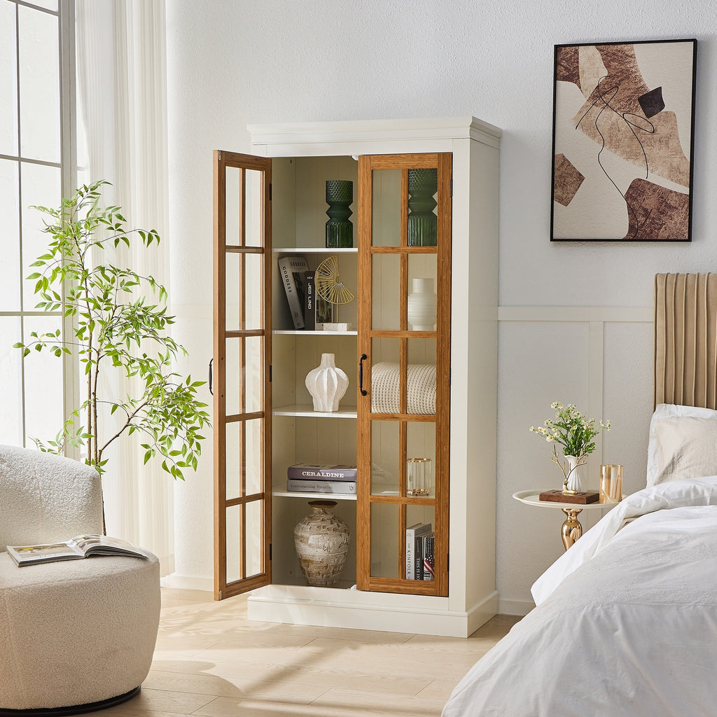 Anthony & Home Atelier Rustic Display Cabinet with glass doors and bamboo accents, showcasing elegant storage and natural wood details.