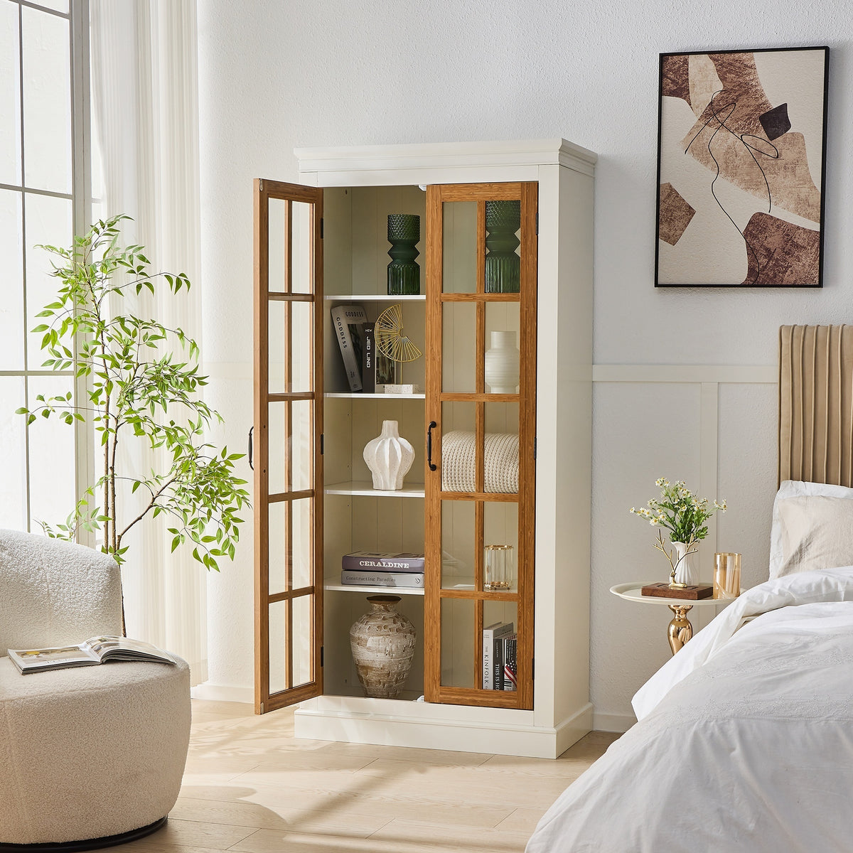 Anthony & Home Atelier Rustic Display Cabinet with glass doors and bamboo accents, showcasing elegant storage and natural wood details.