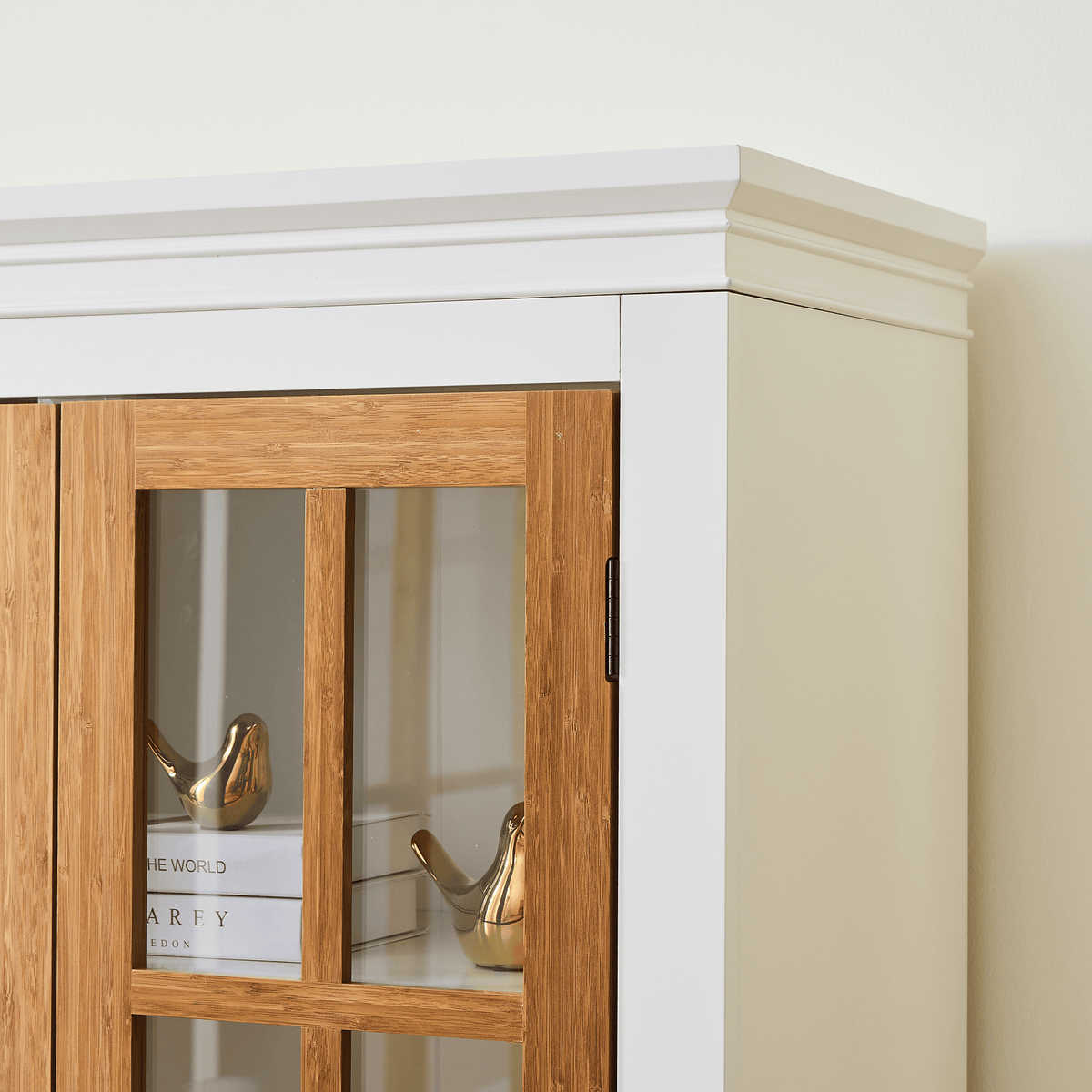 Anthony & Home rustic bamboo display cabinet with glass doors, showcasing a natural wood finish and elegant storage solution.