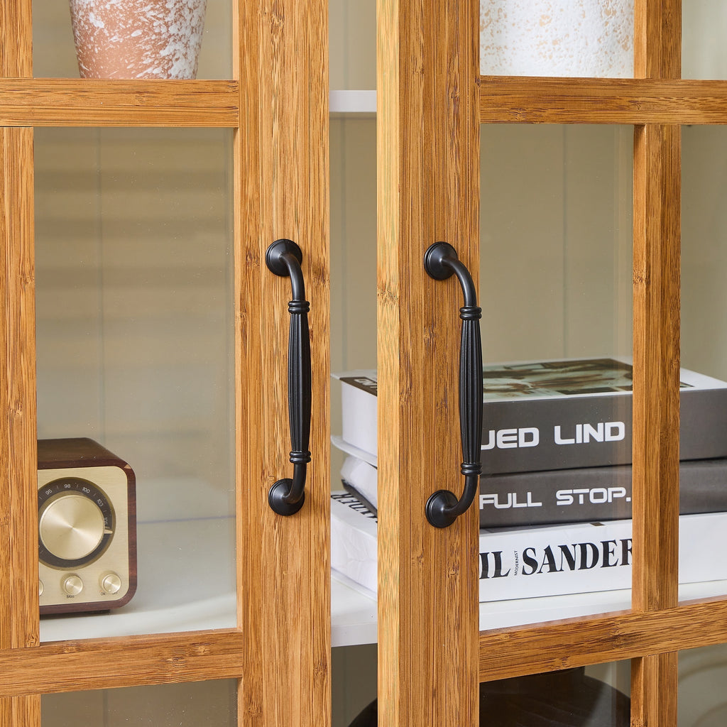 Anthony & Home Atelier Rustic Display Cabinet with glass doors and bamboo accents, showcasing its natural wood finish and interior shelving.